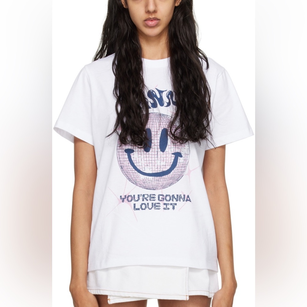 GANNI XS Women’s white tee with pink disco ball